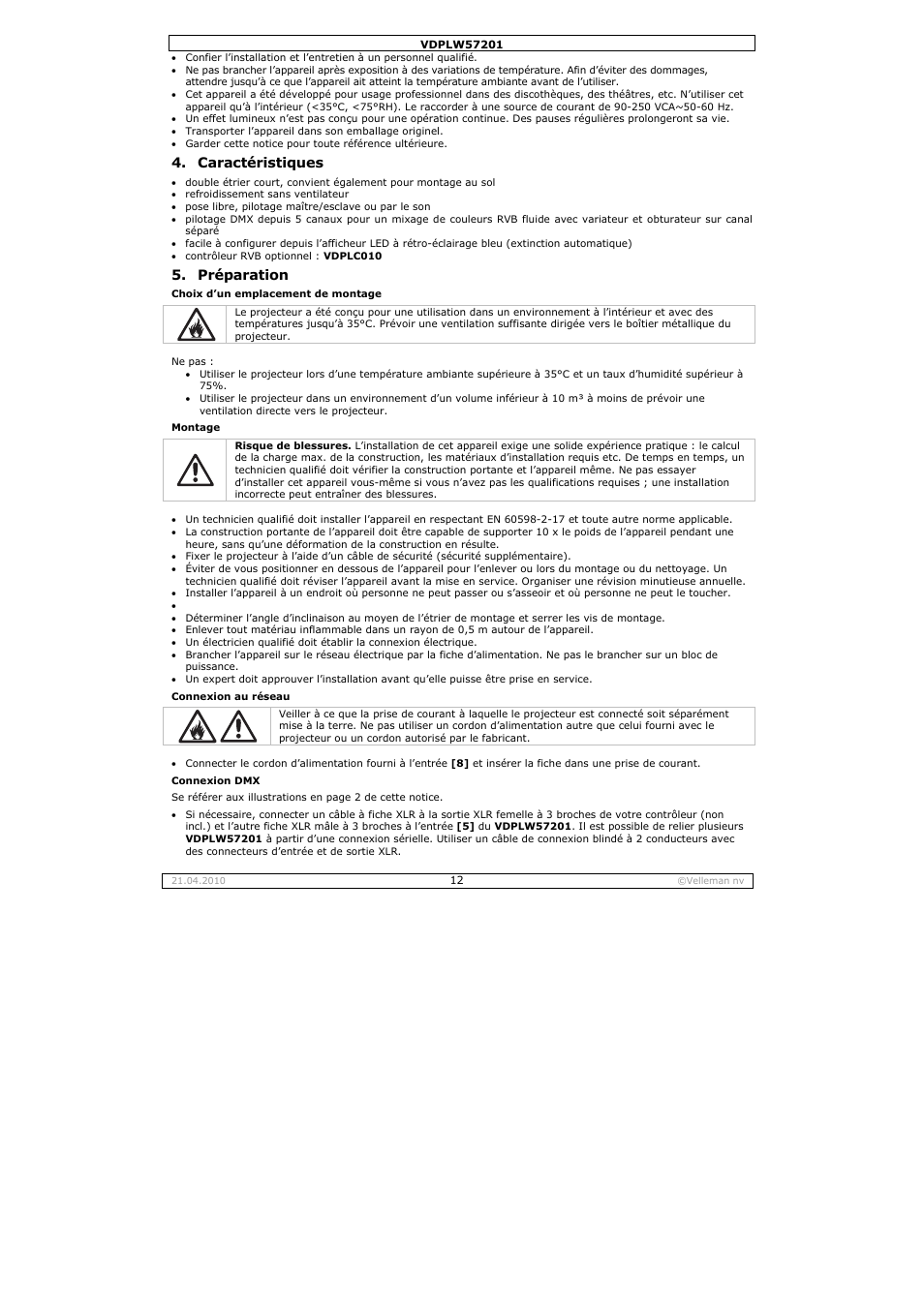 Caractéristiques, Préparation | Velleman VDPLW57201 User Manual | Page 12 / 24