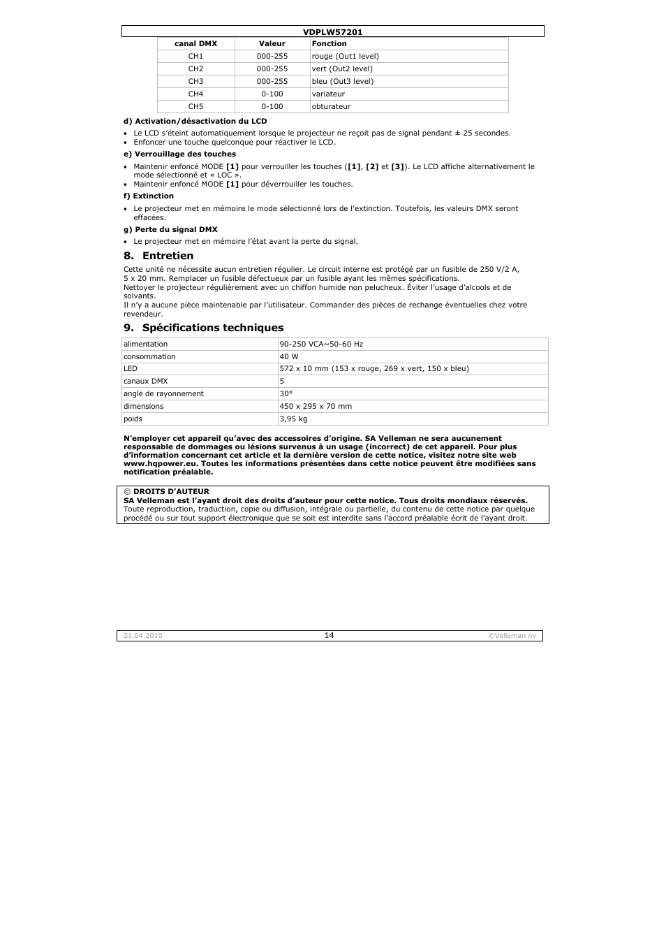 Entretien, Spécifications techniques | Velleman VDPLW57201 User Manual | Page 14 / 24