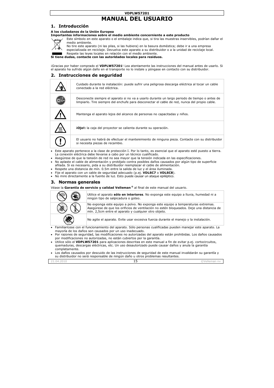 Nual del, L usuar, Troducción | Strucciones, Rmas gener, S de segurid, Rales | Velleman VDPLW57201 User Manual | Page 15 / 24