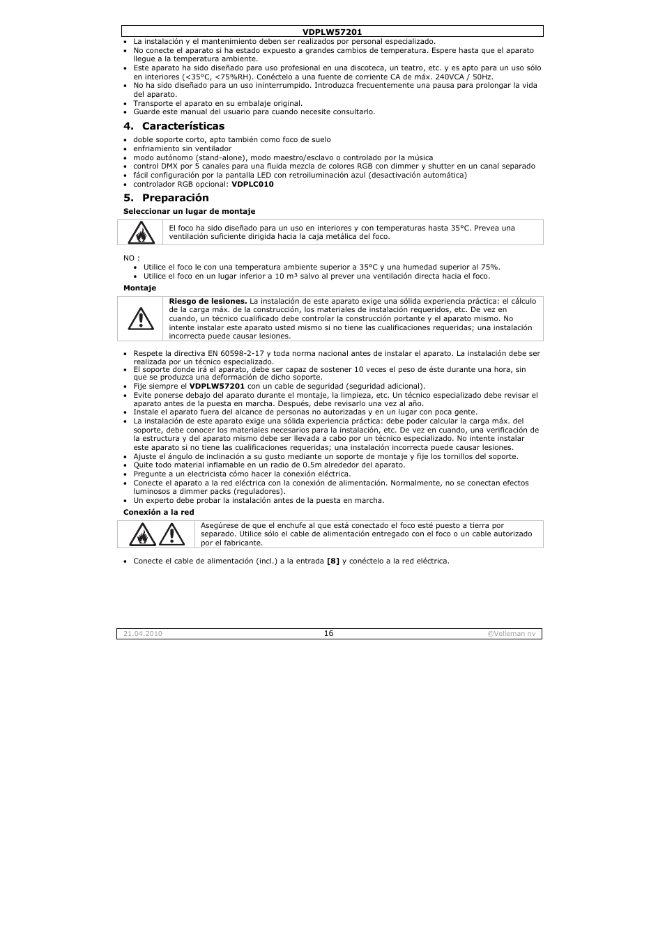 Características, Preparación | Velleman VDPLW57201 User Manual | Page 16 / 24