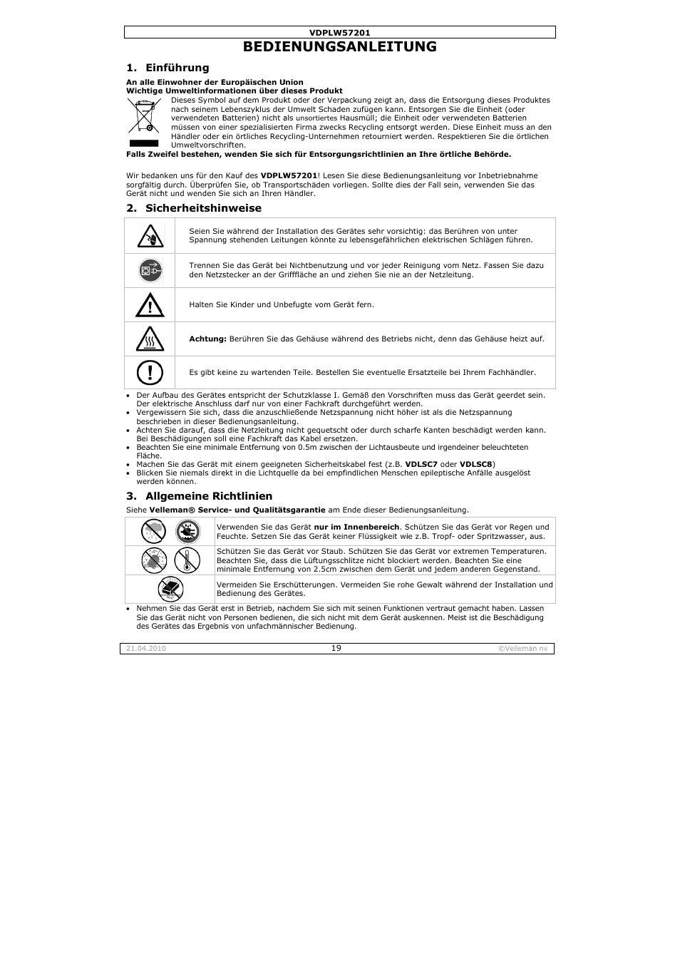 Bedie, Enungs, Anleitu | Allg, Nführung, Cherheitshin, Gemeine ri, Nweise, Chtlinien | Velleman VDPLW57201 User Manual | Page 19 / 24