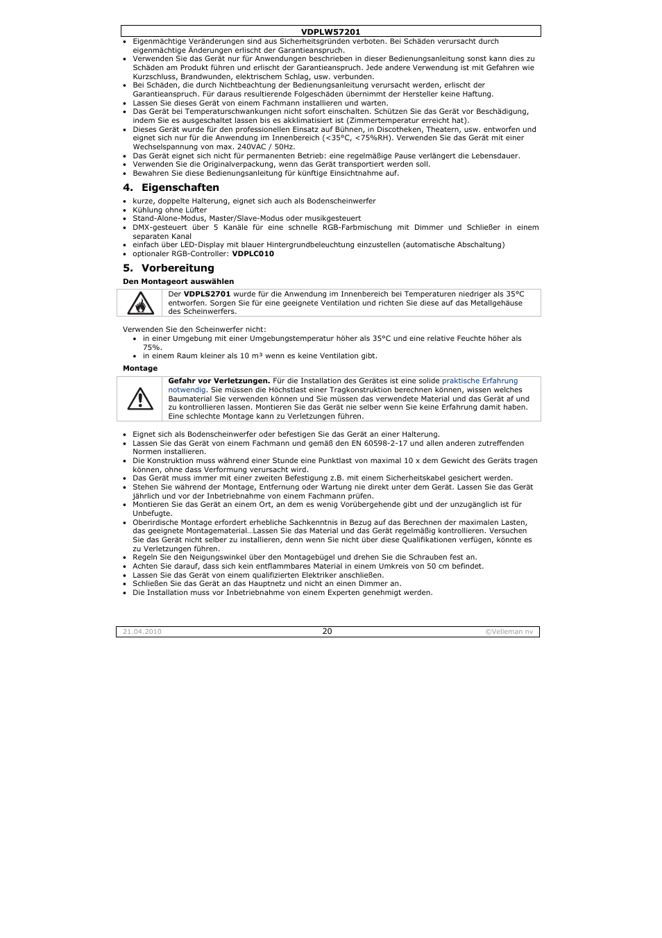 Eigenschaften, Vorbereitung | Velleman VDPLW57201 User Manual | Page 20 / 24