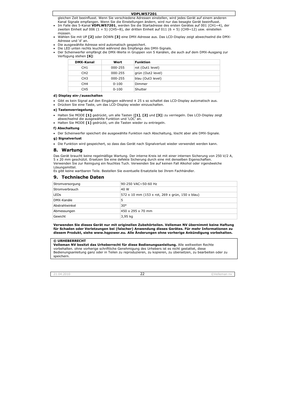 Wartung, Technische daten | Velleman VDPLW57201 User Manual | Page 22 / 24