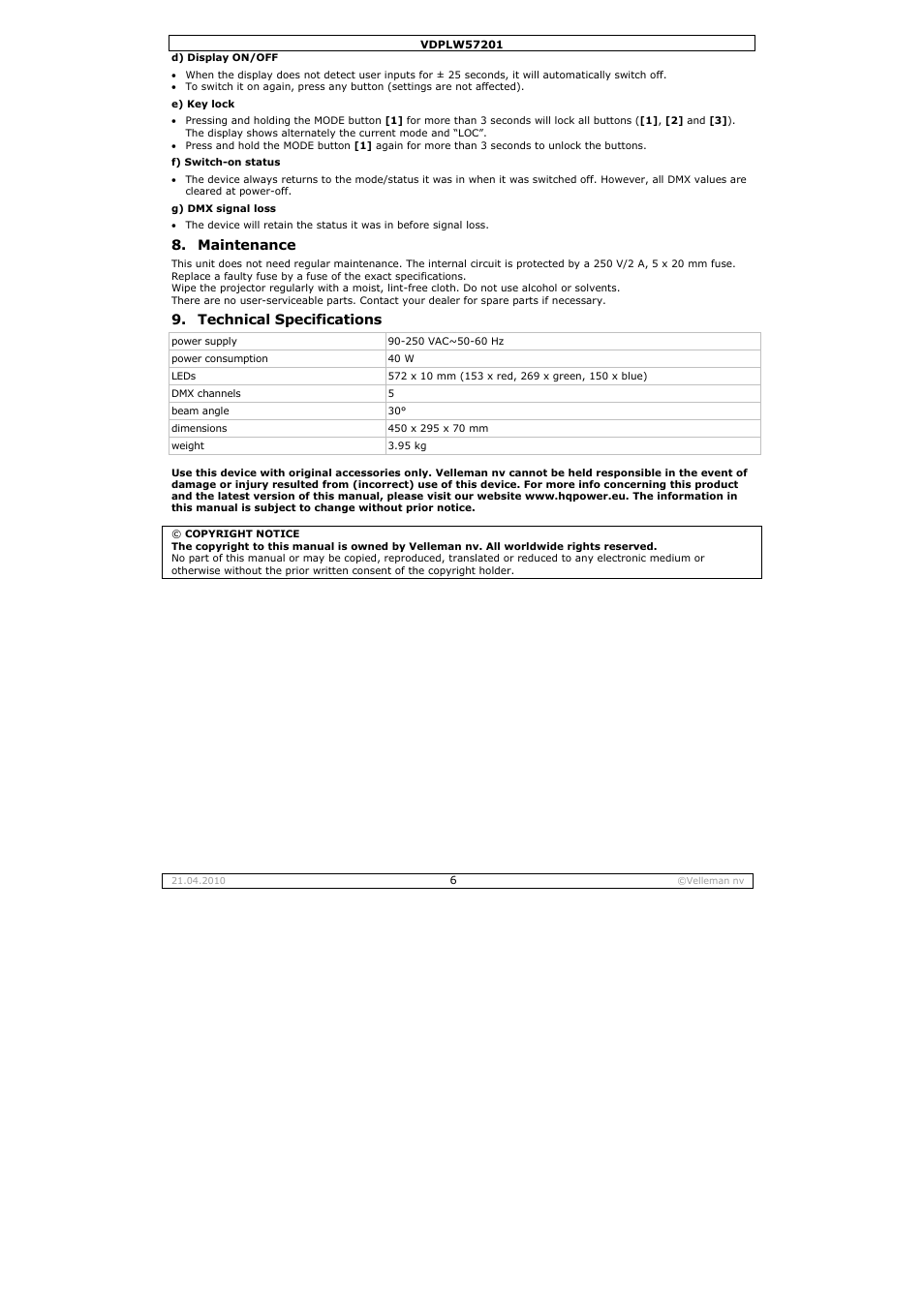 Maintenance, Technical specifications | Velleman VDPLW57201 User Manual | Page 6 / 24