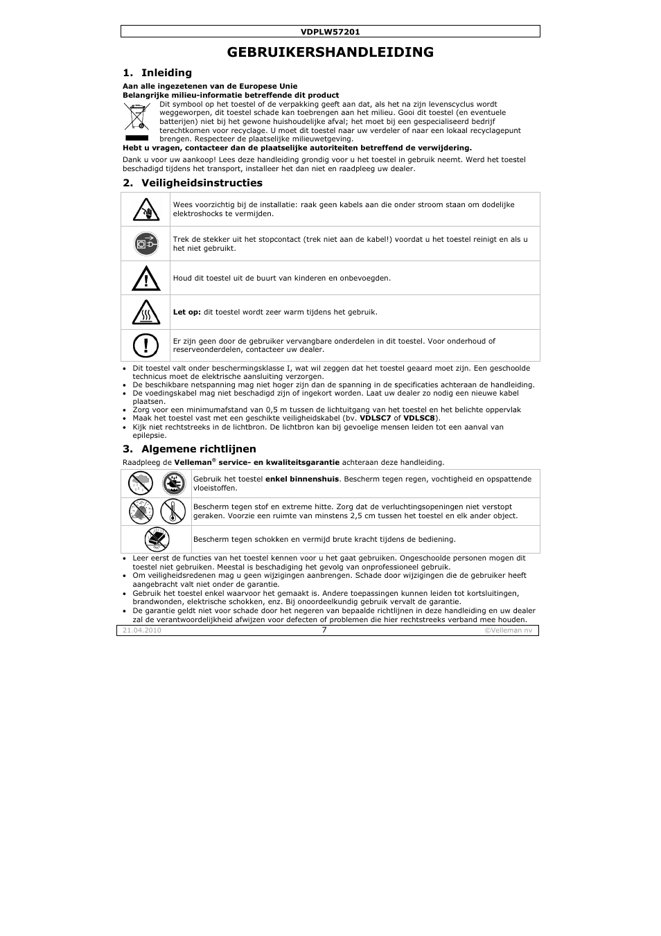 Gebru, Uikersha, Andleid | Ding, Eiding, Iligheidsins, Gemene rich, Structies, Htlijnen | Velleman VDPLW57201 User Manual | Page 7 / 24