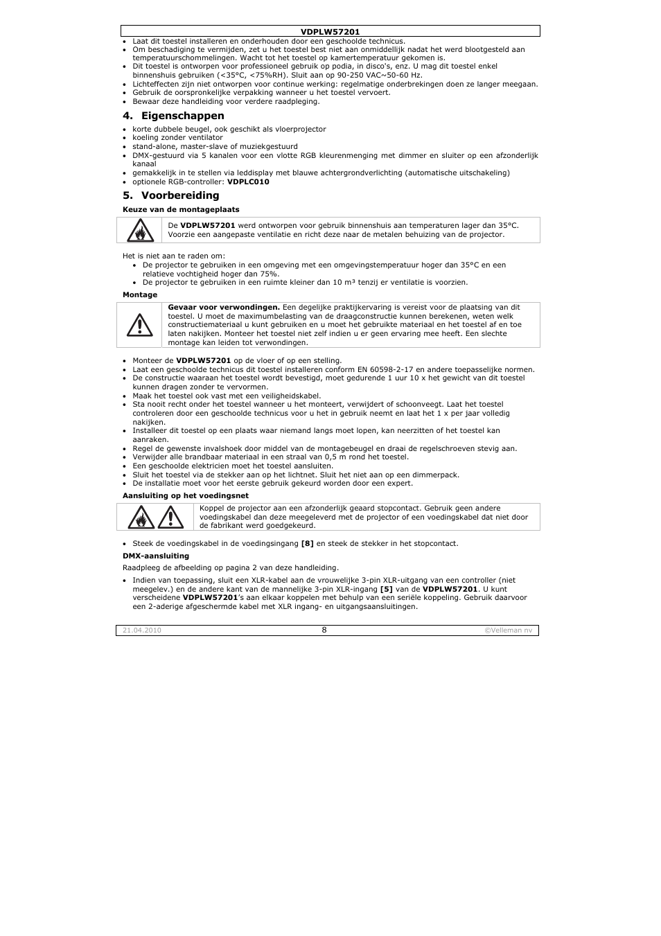 Eigenschappen, Voorbereiding | Velleman VDPLW57201 User Manual | Page 8 / 24