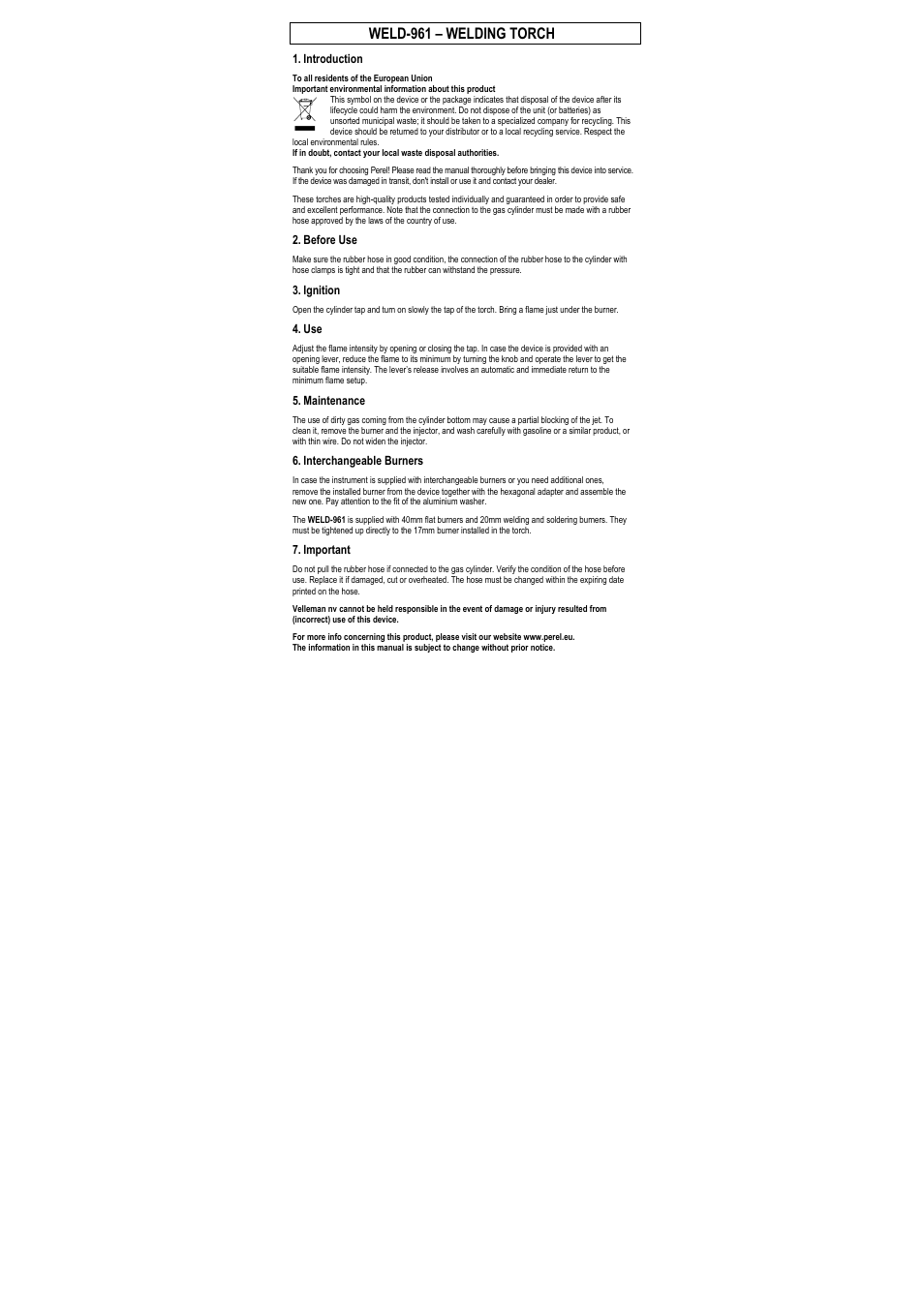 Weld-961 – welding torch, Introduction, Before use | Ignition, Maintenance, Interchangeable burners, Important | Velleman WELD-961 User Manual | Page 3 / 8