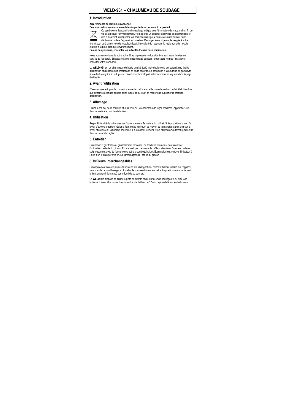 Weld-961 – chalumeau de soudage, Introduction, Avant l’utilisation | Allumage, Utilisation, Entretien, Brûleurs interchangeables | Velleman WELD-961 User Manual | Page 4 / 8