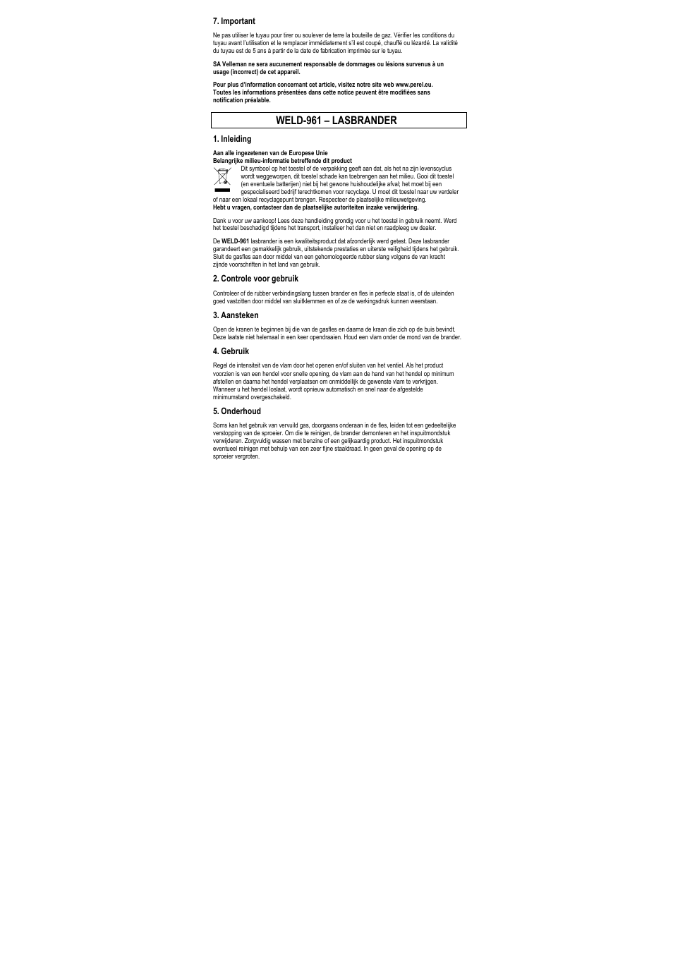 Weld-961 – lasbrander, Important, Inleiding | Controle voor gebruik, Aansteken, Gebruik, Onderhoud | Velleman WELD-961 User Manual | Page 5 / 8