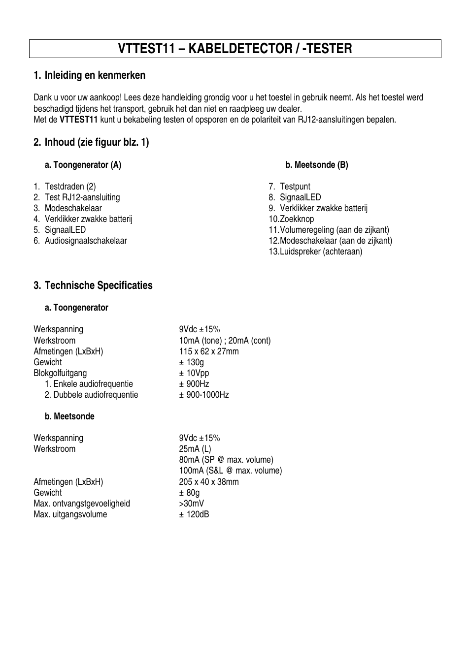 Vttest11 – kabeldetector / -tester | Velleman VTTEST11 User Manual | Page 3 / 11