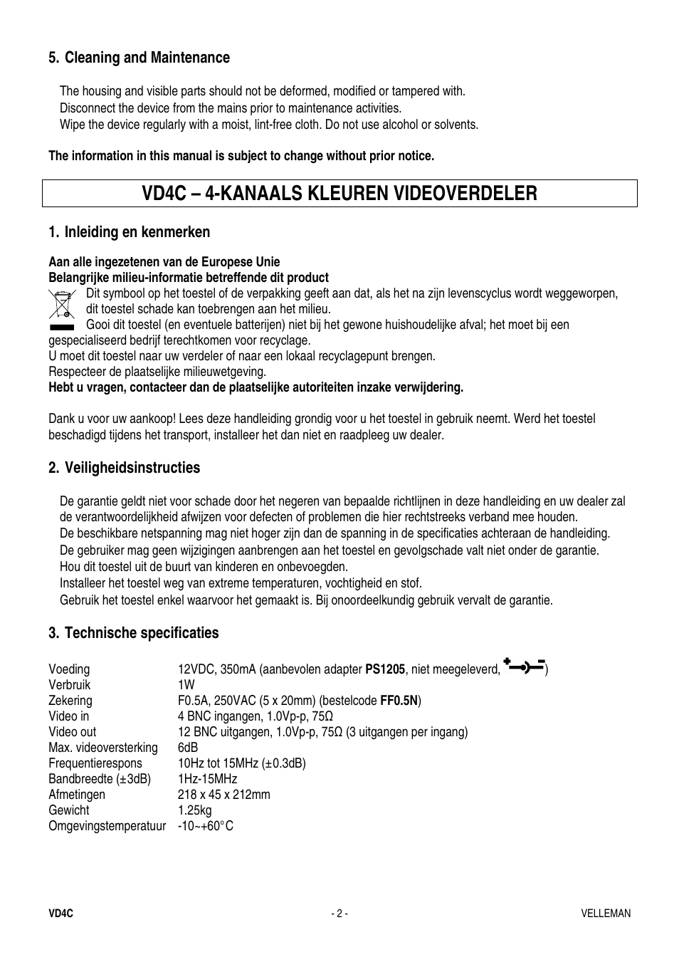 Vd4c – 4-kanaals kleuren videoverdeler | Velleman VD4C User Manual | Page 2 / 6
