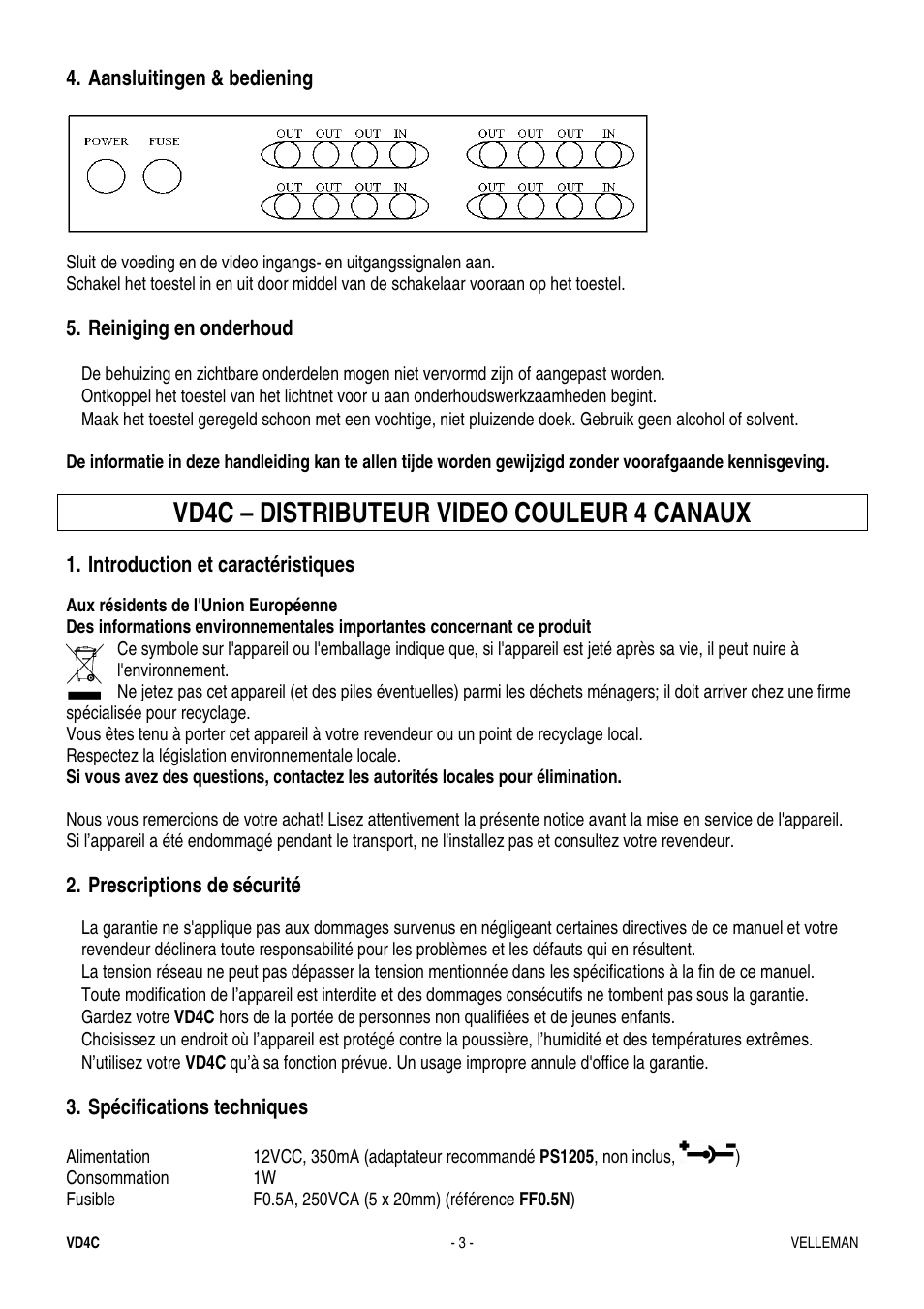 Vd4c – distributeur video couleur 4 canaux | Velleman VD4C User Manual | Page 3 / 6