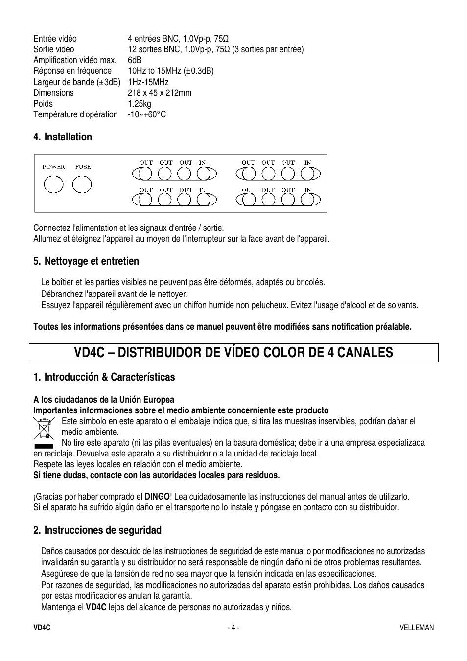 Vd4c – distribuidor de vídeo color de 4 canales | Velleman VD4C User Manual | Page 4 / 6