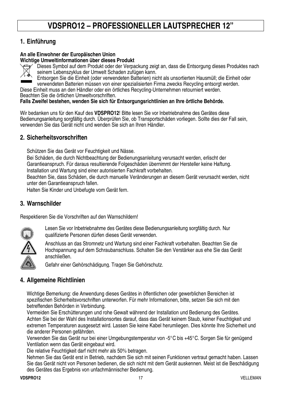 Vdspro12 – professioneller lautsprecher 12 | Velleman VDSPRO12 User Manual | Page 17 / 21