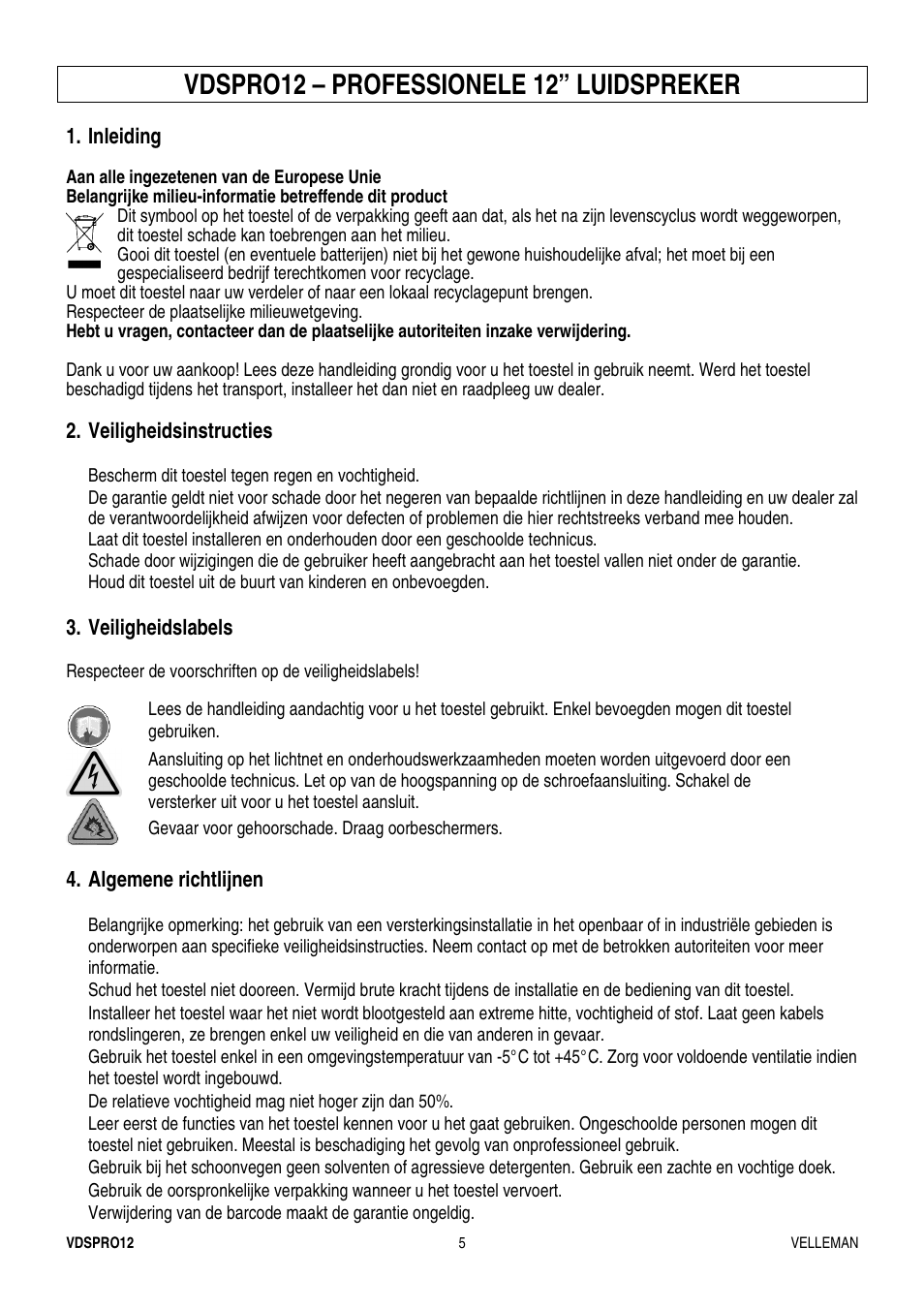 Vdspro12 – professionele 12” luidspreker | Velleman VDSPRO12 User Manual | Page 5 / 21