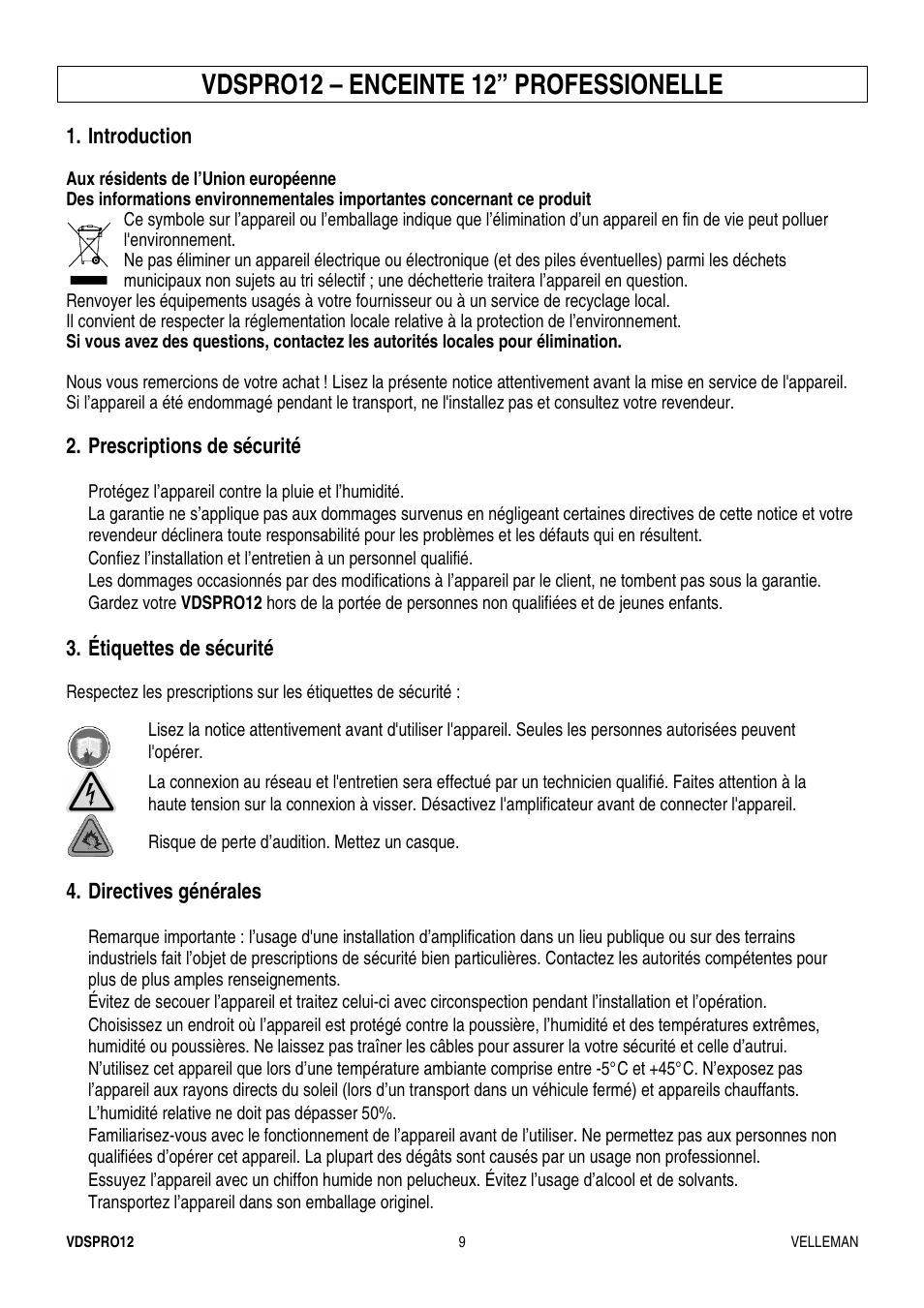 Vdspro12 – enceinte 12” professionelle | Velleman VDSPRO12 User Manual | Page 9 / 21