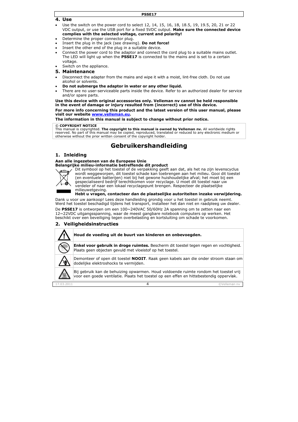 Gebr, Ruikersh, Andleidi | Velleman PSSE17 User Manual | Page 4 / 12