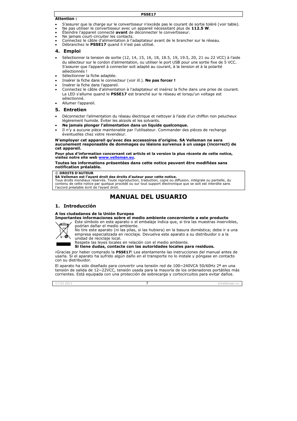Nual del, L usuar | Velleman PSSE17 User Manual | Page 7 / 12