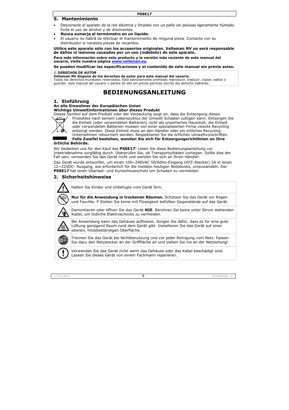 Bedie, Enungs, Anleitu | Velleman PSSE17 User Manual | Page 9 / 12