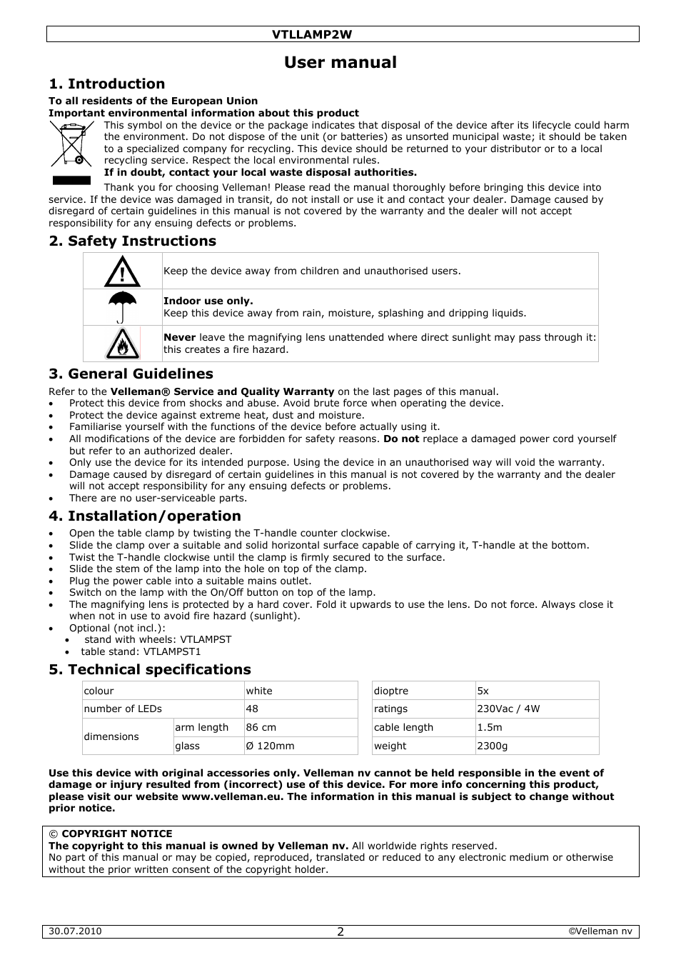 User manual, Introduction, Safety instructions | General guidelines, Installation/operation, Technical specifications | Velleman VTLLAMP2W User Manual | Page 2 / 10