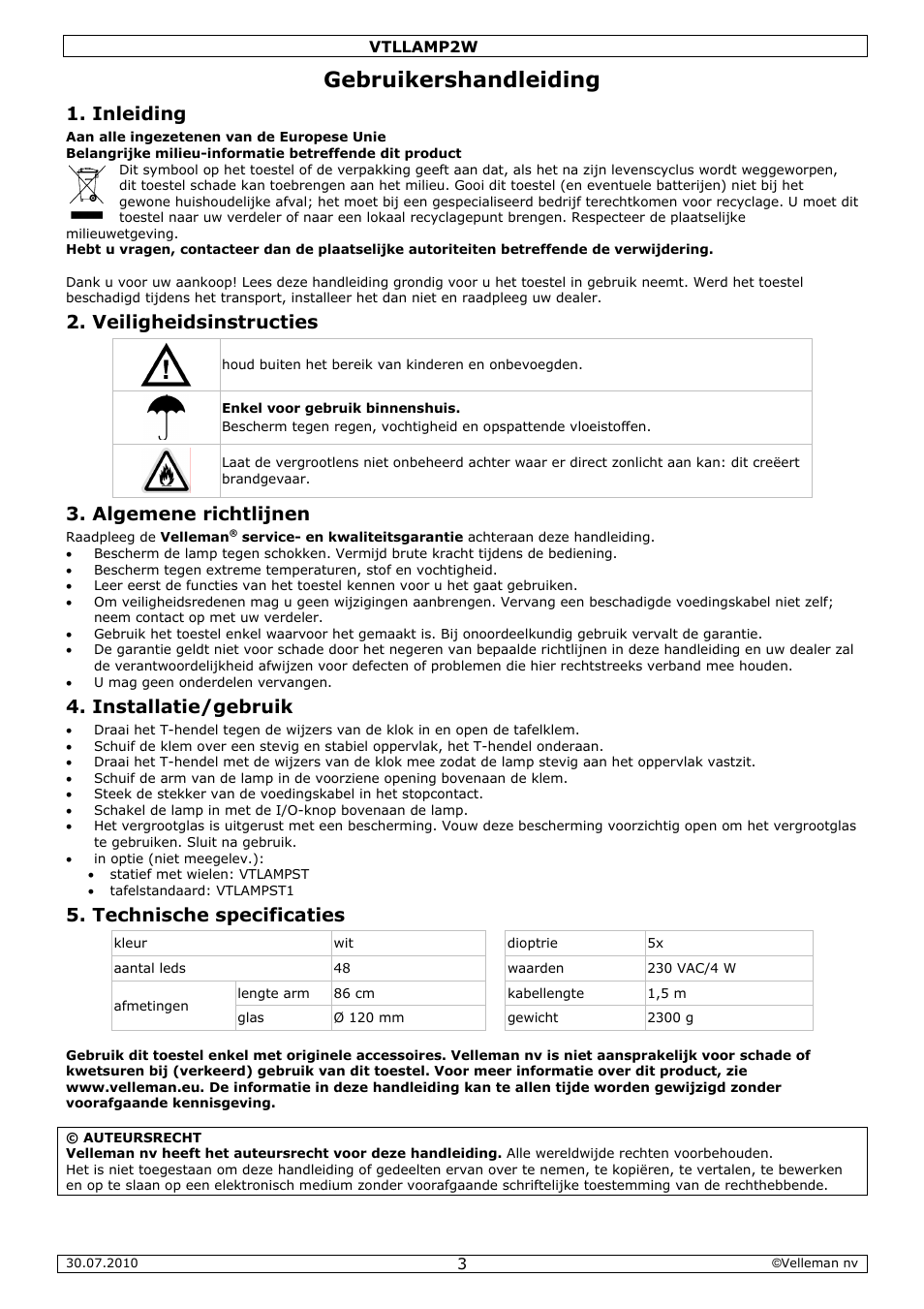 Gebruikershandleiding, Inleiding, Veiligheidsinstructies | Algemene richtlijnen, Installatie/gebruik, Technische specificaties | Velleman VTLLAMP2W User Manual | Page 3 / 10