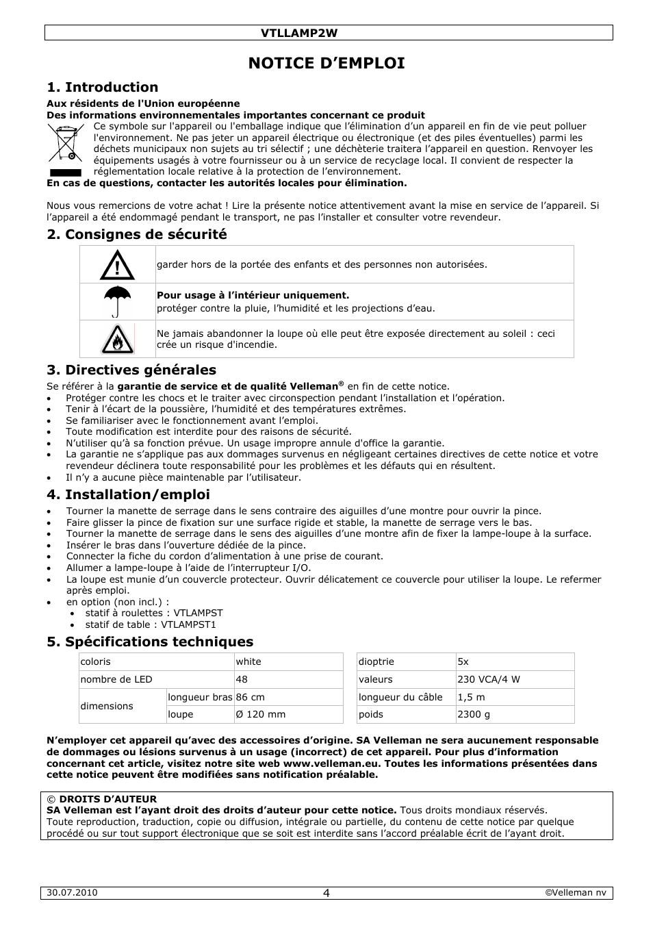 Notice d’emploi, Introduction, Consignes de sécurité | Directives générales, Installation/emploi, Spécifications techniques | Velleman VTLLAMP2W User Manual | Page 4 / 10