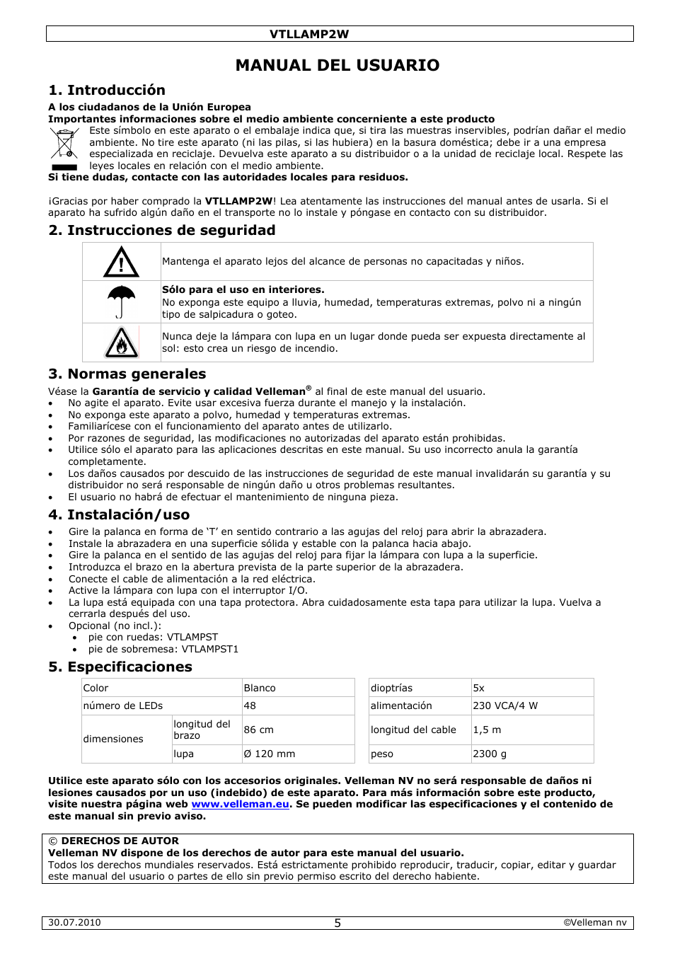 Manual del usuario, Introducción, Instrucciones de seguridad | Normas generales, Instalación/uso, Especificaciones | Velleman VTLLAMP2W User Manual | Page 5 / 10