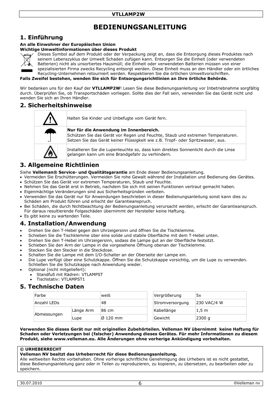 Bedienungsanleitung, Einführung, Sicherheitshinweise | Allgemeine richtlinien, Installation/anwendung, Technische daten | Velleman VTLLAMP2W User Manual | Page 6 / 10