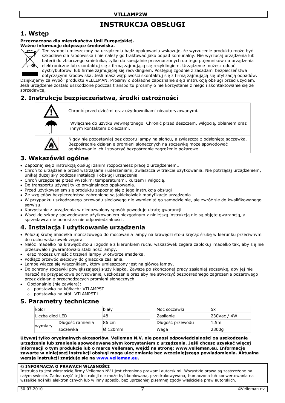 Instrukcja obsługi, Wstęp, Instrukcje bezpieczeństwa, środki ostrożności | Wskazówki ogólne, Instalacja i użytkowanie urządzenia, Parametry techniczne | Velleman VTLLAMP2W User Manual | Page 7 / 10