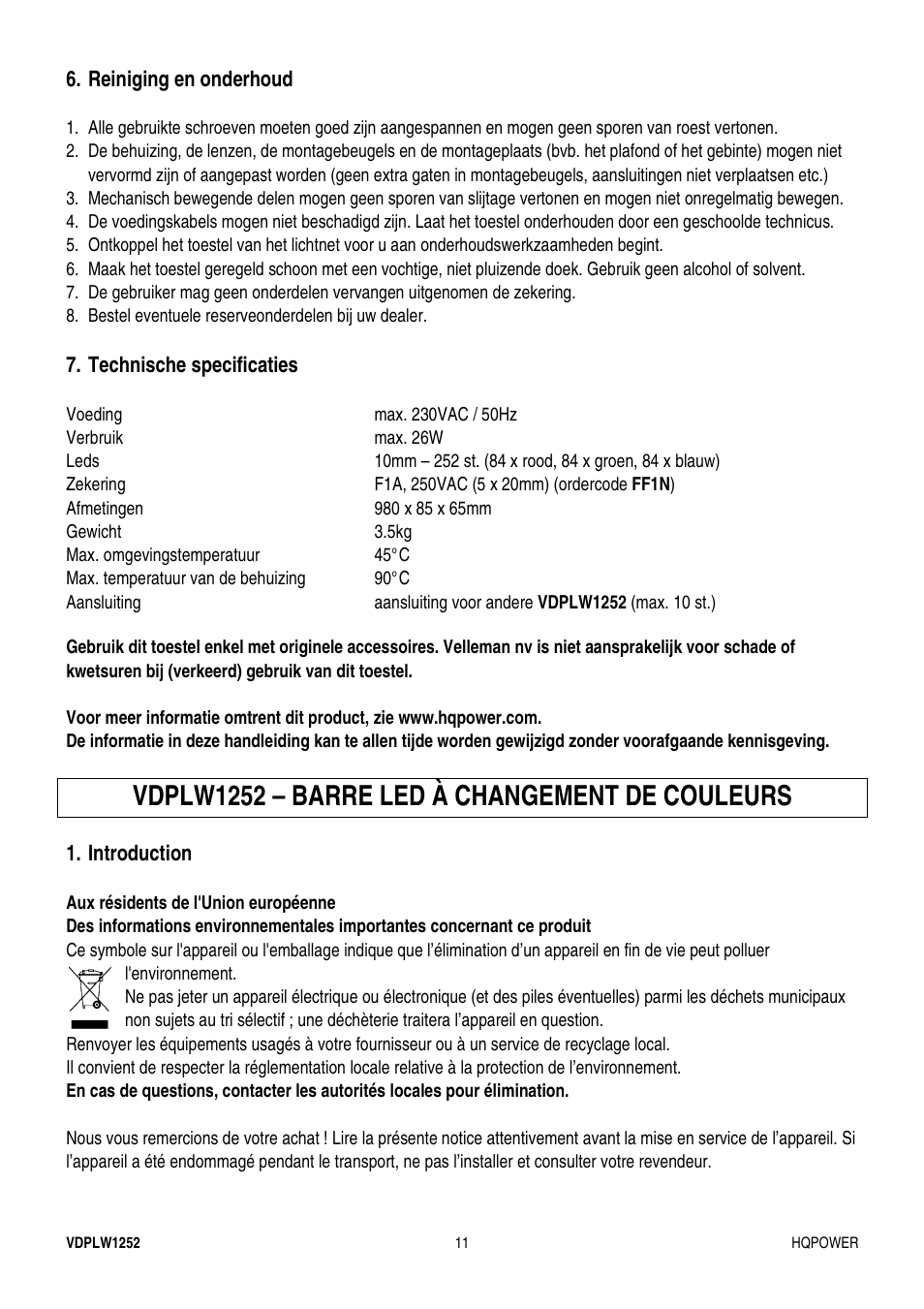 Vdplw1252 – barre led à changement de couleurs | Velleman VDPLW1252 User Manual | Page 11 / 24