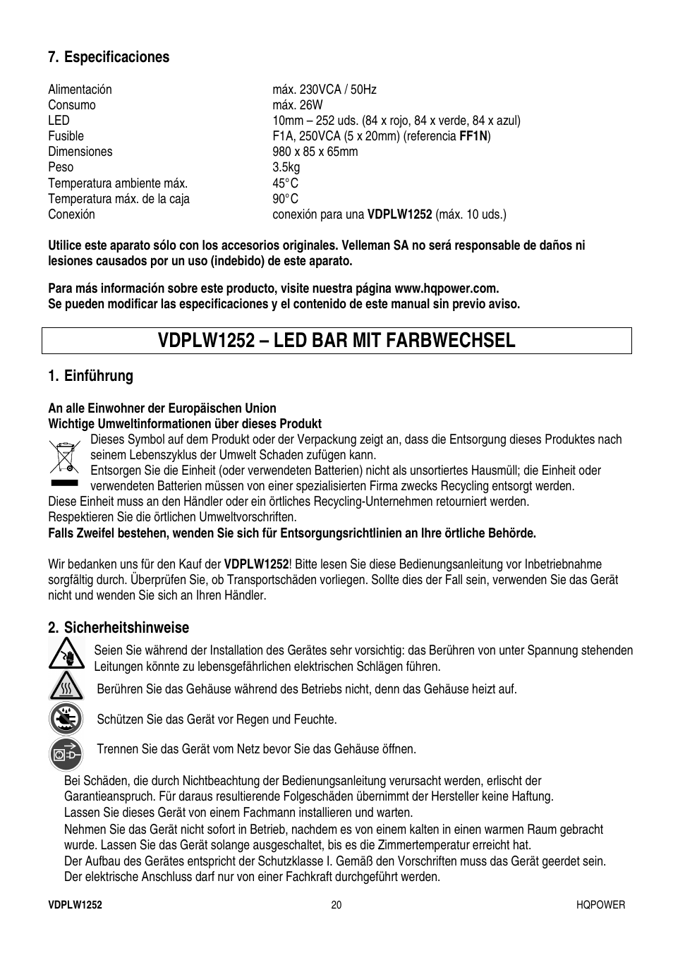 Vdplw1252 – led bar mit farbwechsel | Velleman VDPLW1252 User Manual | Page 20 / 24