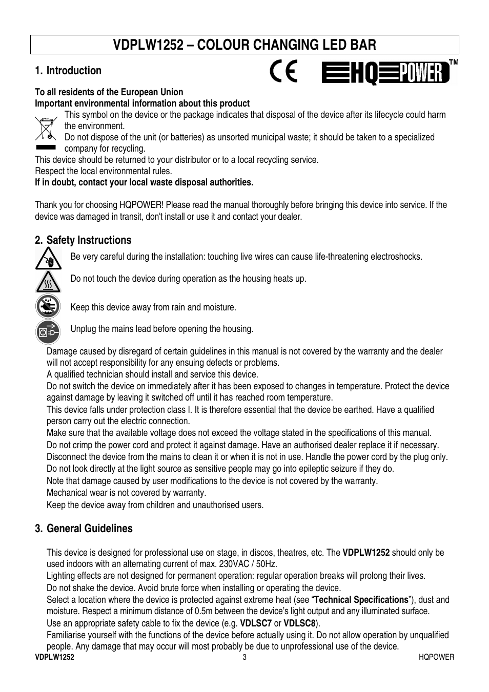 Vdplw1252 – colour changing led bar | Velleman VDPLW1252 User Manual | Page 3 / 24