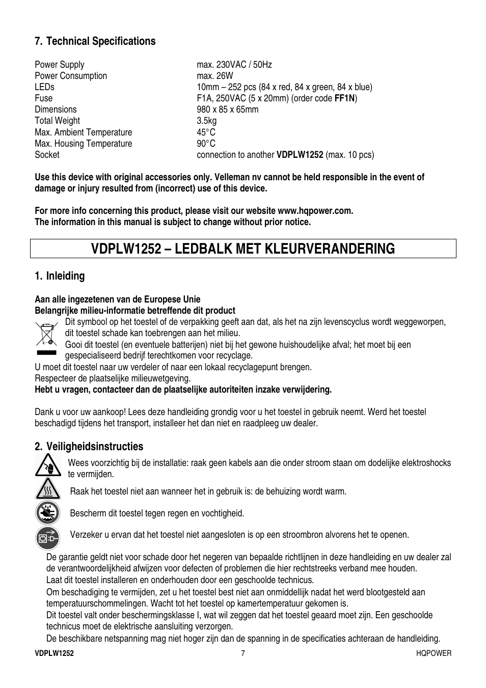 Vdplw1252 – ledbalk met kleurverandering | Velleman VDPLW1252 User Manual | Page 7 / 24