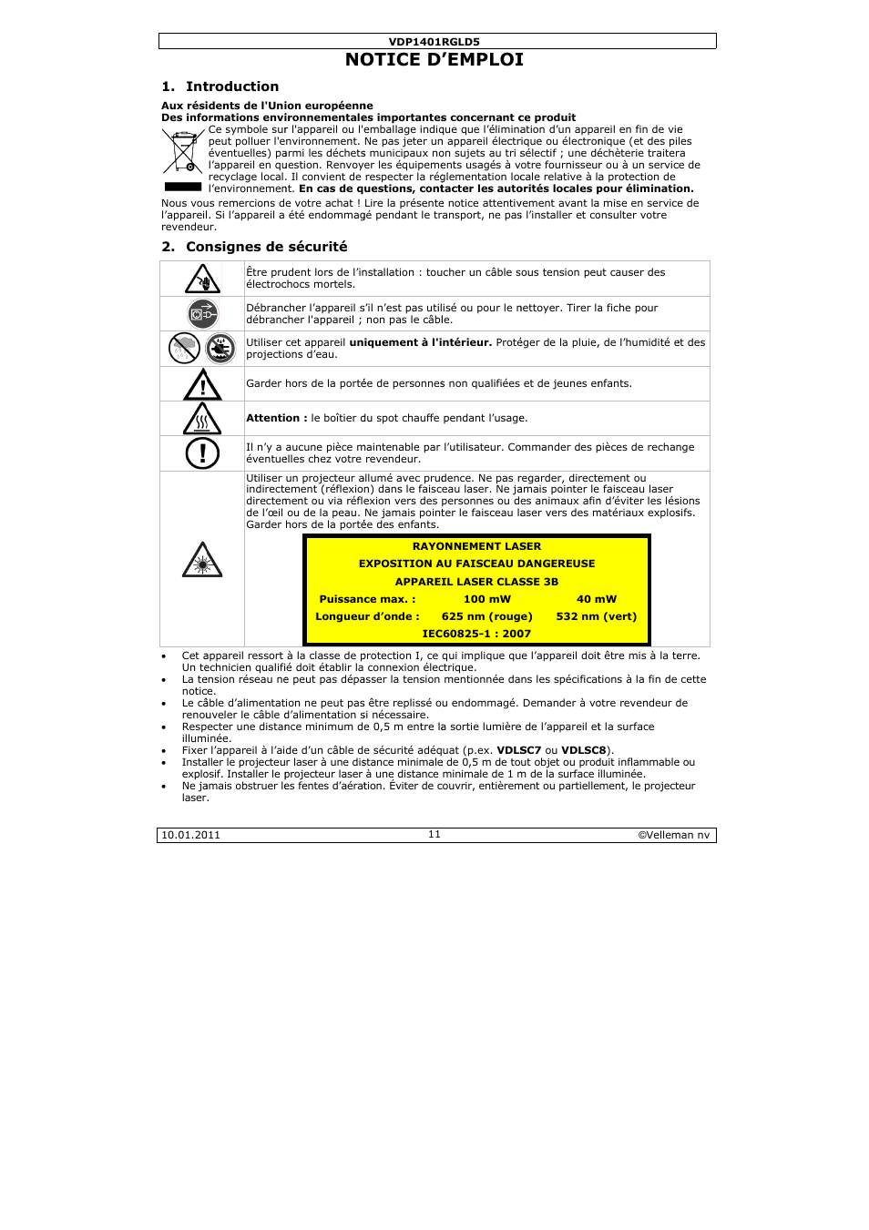 Otice d, Emploi | Velleman VDP1401RGLD5 User Manual | Page 11 / 24
