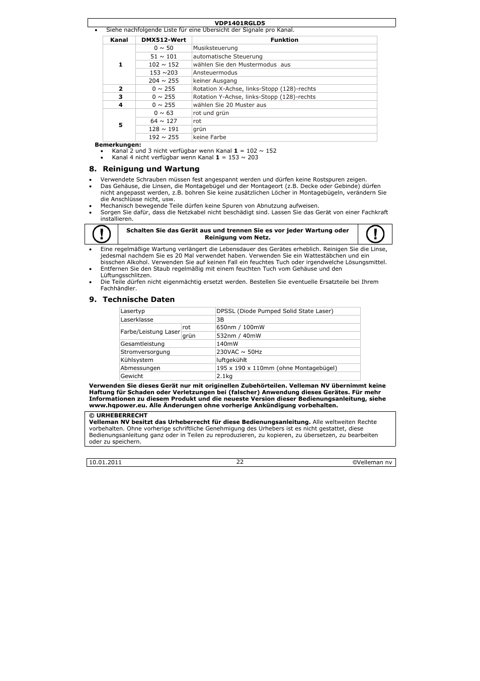 Velleman VDP1401RGLD5 User Manual | Page 22 / 24
