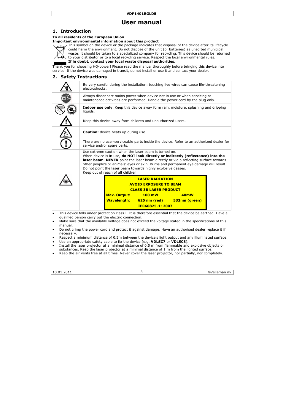 User m, Anual | Velleman VDP1401RGLD5 User Manual | Page 3 / 24