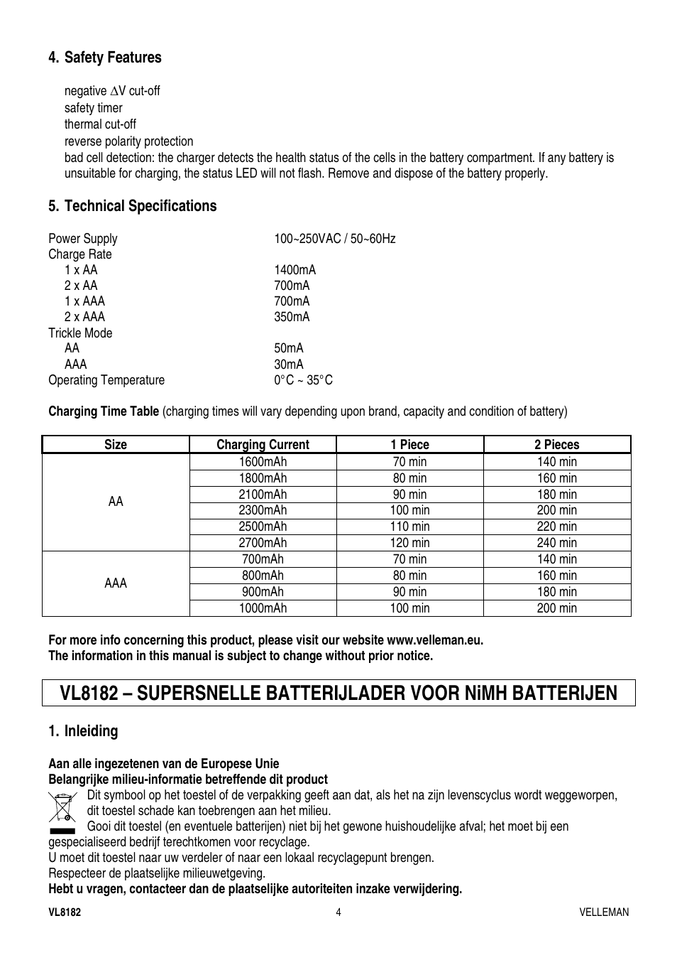 Velleman VL8182 User Manual | Page 4 / 11