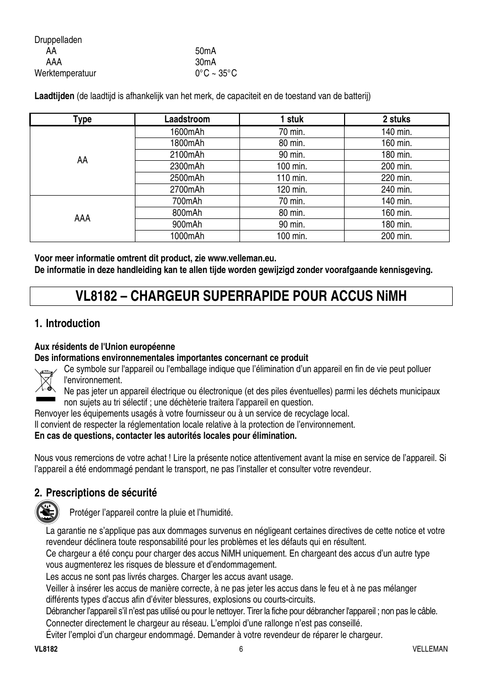 Vl8182 – chargeur superrapide pour accus nimh | Velleman VL8182 User Manual | Page 6 / 11