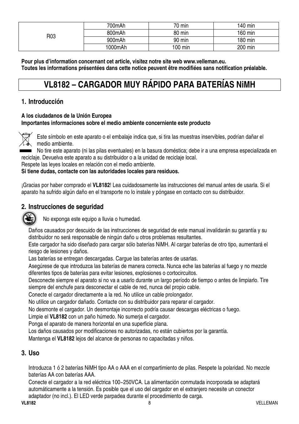 Vl8182 – cargador muy rápido para baterías nimh | Velleman VL8182 User Manual | Page 8 / 11