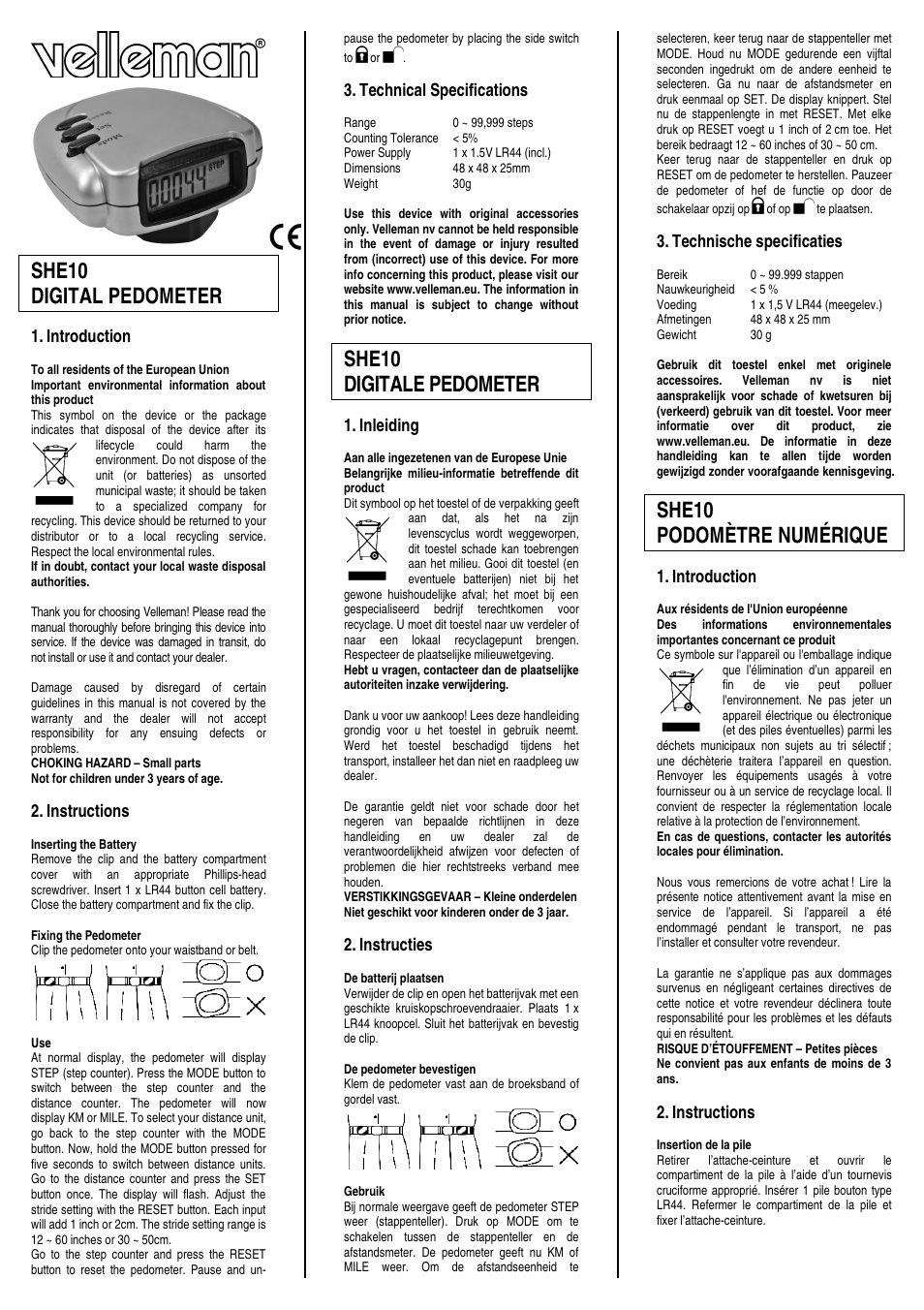 Velleman SHE10 User Manual | 2 pages
