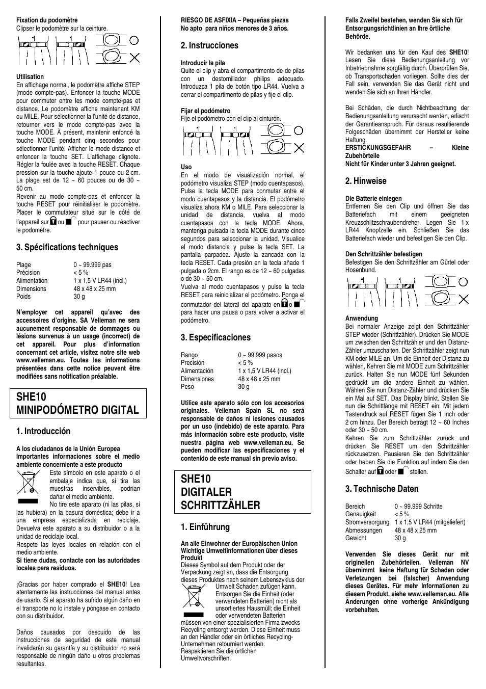 She10 minipodómetro digital, She10 digitaler schrittzähler, Spécifications techniques | Introducción, Instrucciones, Especificaciones, Einführung, Hinweise, Technische daten | Velleman SHE10 User Manual | Page 2 / 2