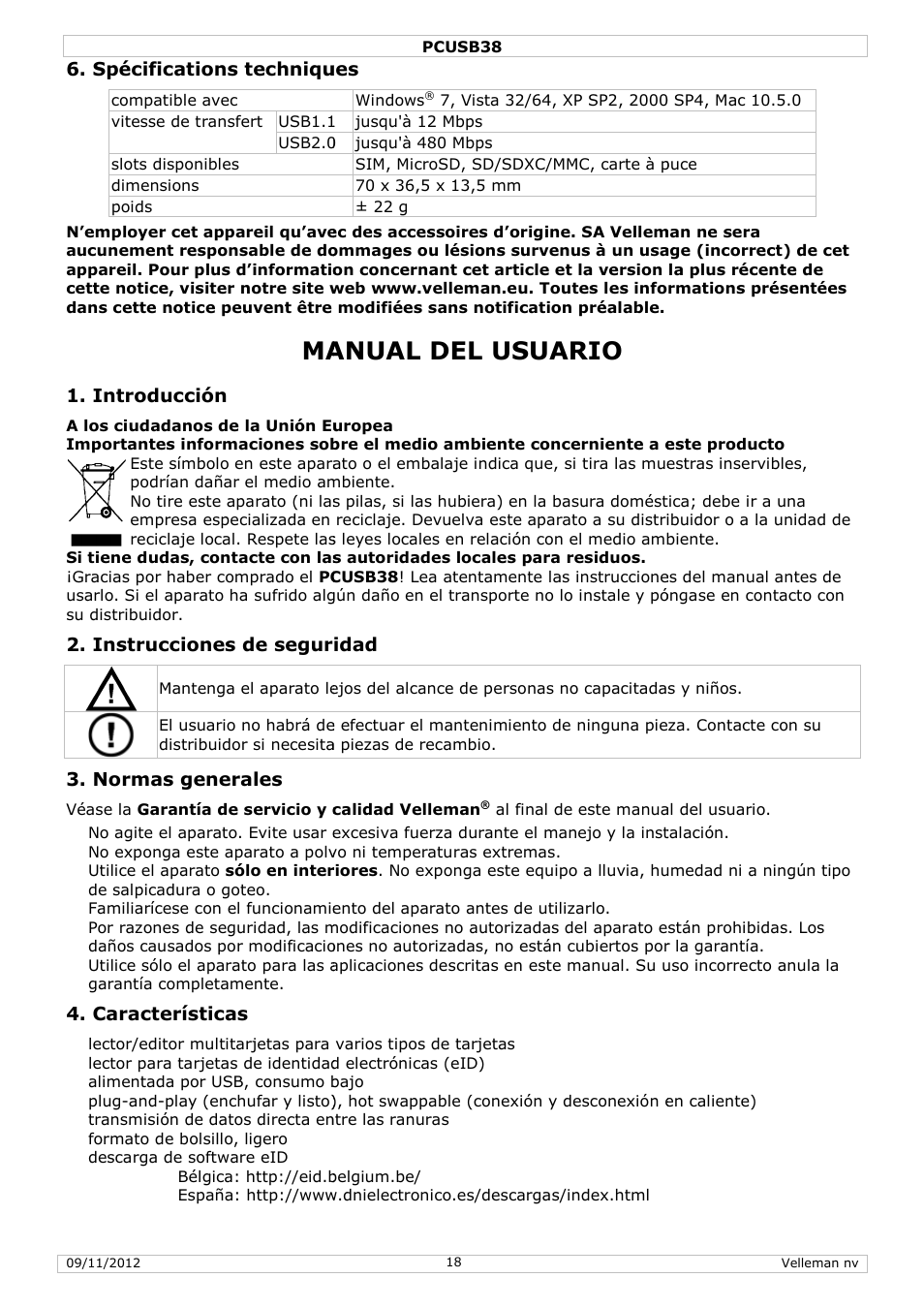 Manual del usuario, Spécifications techniques, Introducción | Instrucciones de seguridad, Normas generales, Características, Techniques | Velleman PCUSB38 User Manual | Page 18 / 30