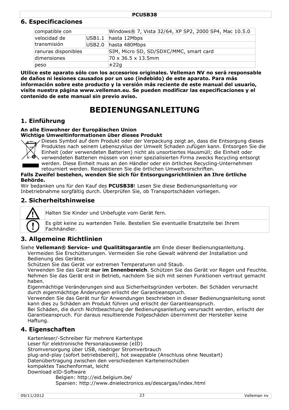 Bedienungsanleitung, Especificaciones, Einführung | Sicherheitshinweise, Allgemeine richtlinien, Eigenschaften | Velleman PCUSB38 User Manual | Page 23 / 30