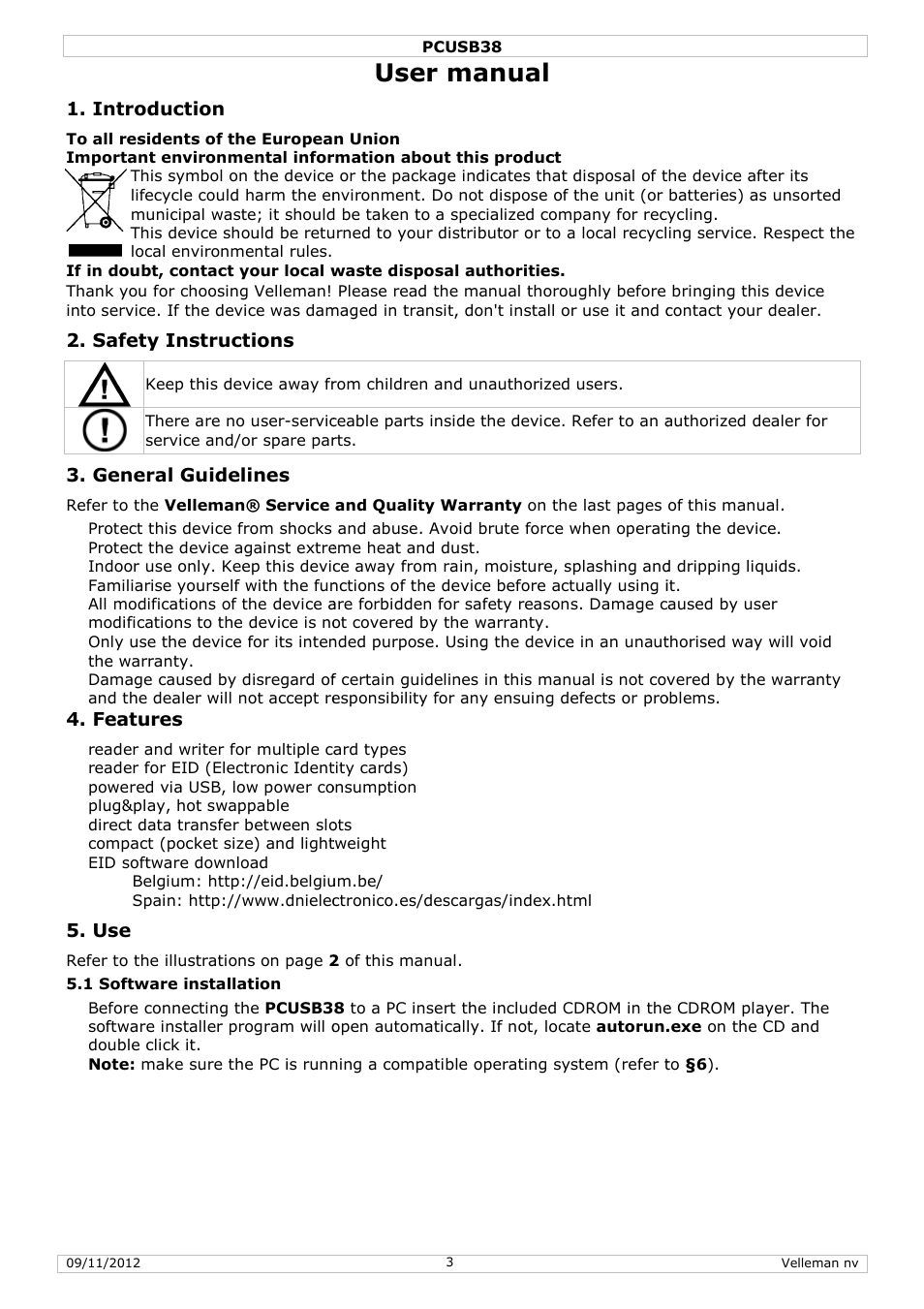 User manual, Introduction, Safety instructions | General guidelines, Features | Velleman PCUSB38 User Manual | Page 3 / 30