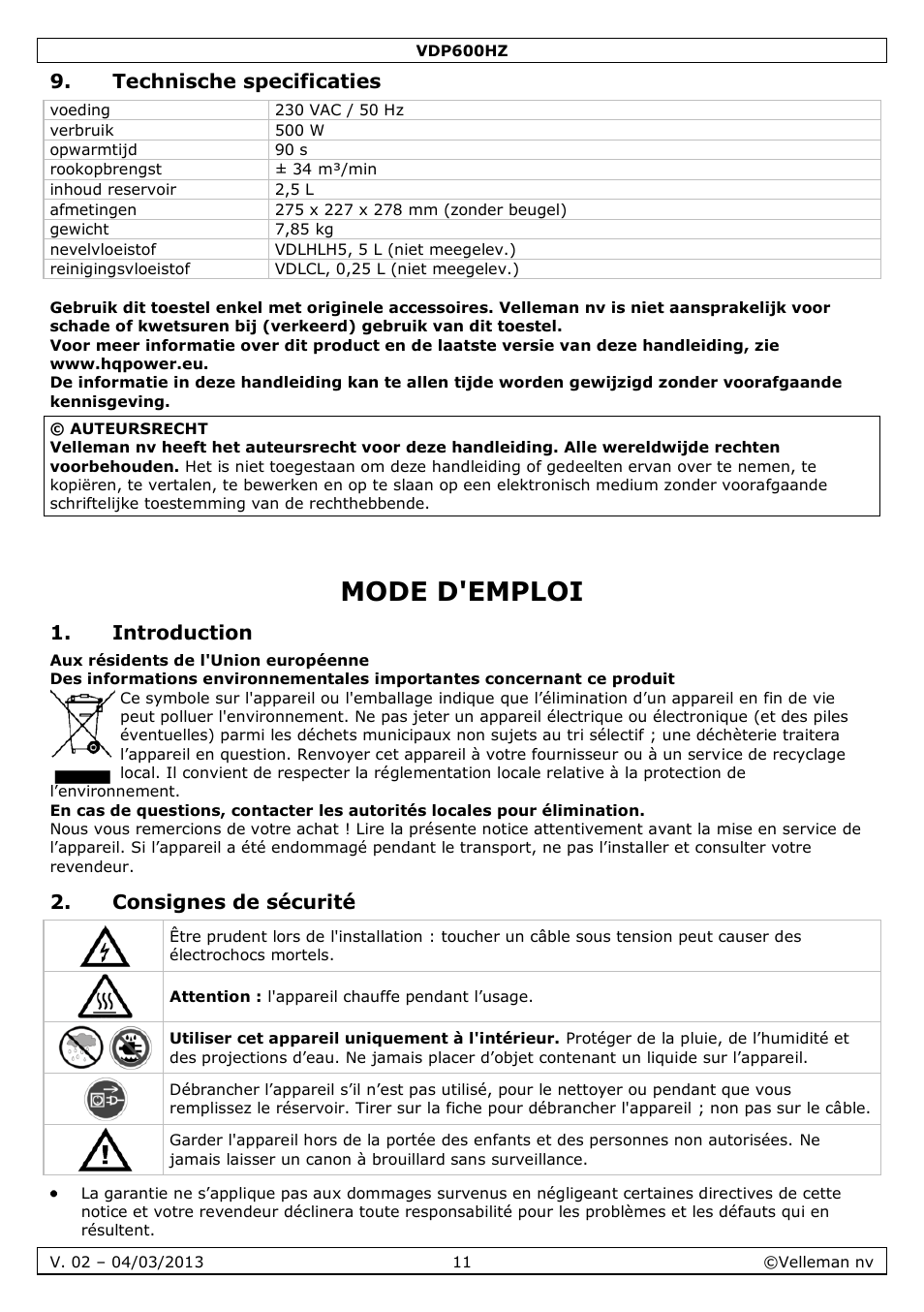 Technische specificaties, Mode d'emploi, Introduction | Consignes de sécurité | Velleman VDP600HZ User Manual | Page 11 / 26