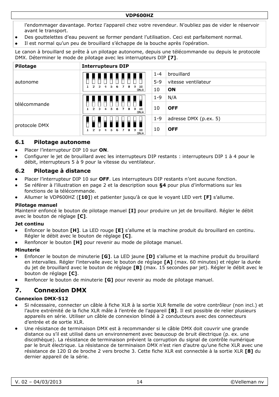 1 pilotage autonome, 2 pilotage à distance, Pilotage manuel | Jet continu, Minuterie, Connexion dmx, Connexion dmx-512 | Velleman VDP600HZ User Manual | Page 14 / 26