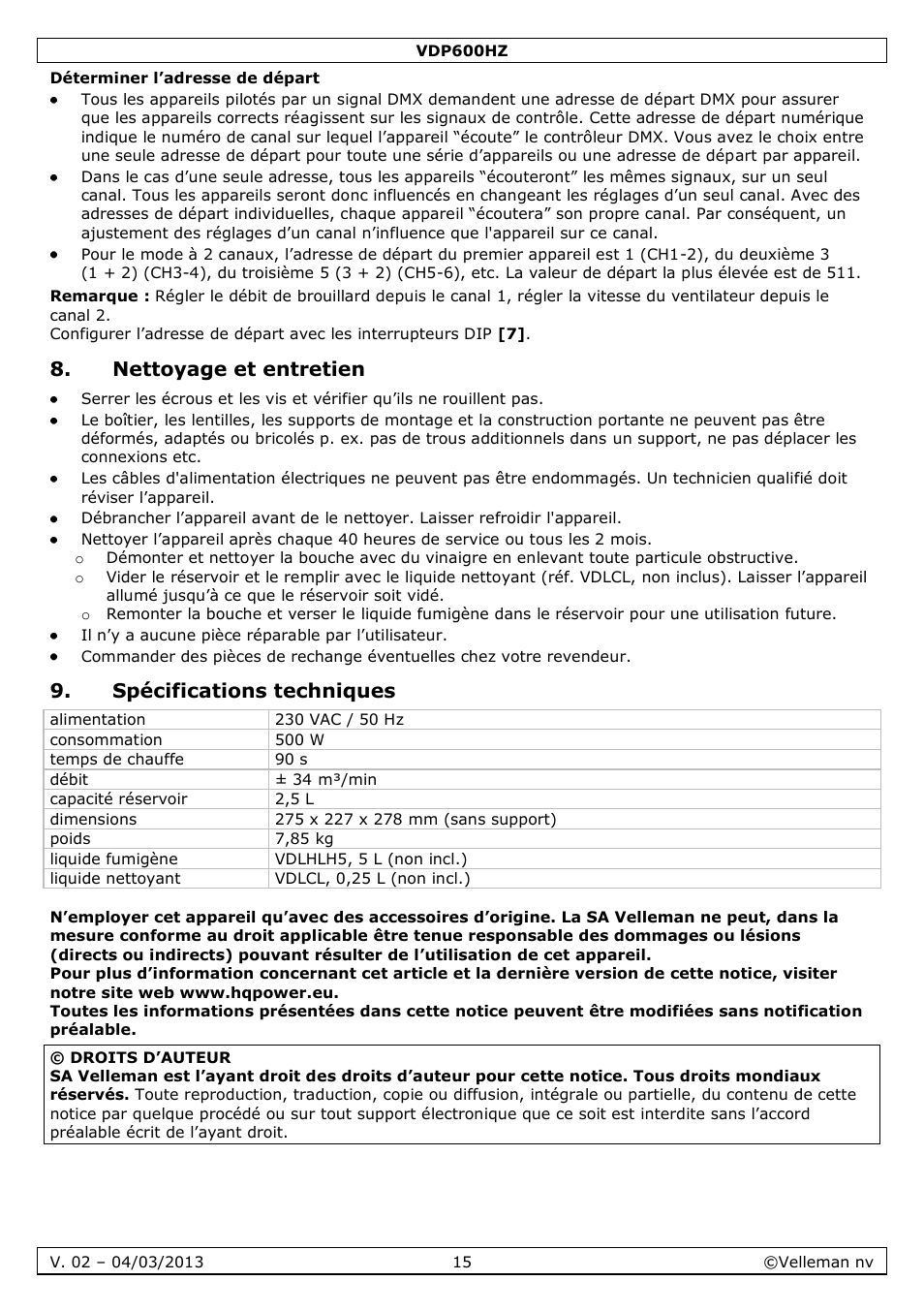 Déterminer l’adresse de départ, Nettoyage et entretien, Spécifications techniques | Velleman VDP600HZ User Manual | Page 15 / 26