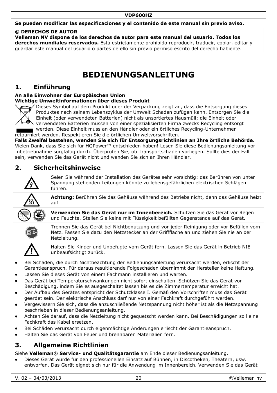 Bedienungsanleitung, Einführung, Sicherheitshinweise | Allgemeine richtlinien | Velleman VDP600HZ User Manual | Page 20 / 26