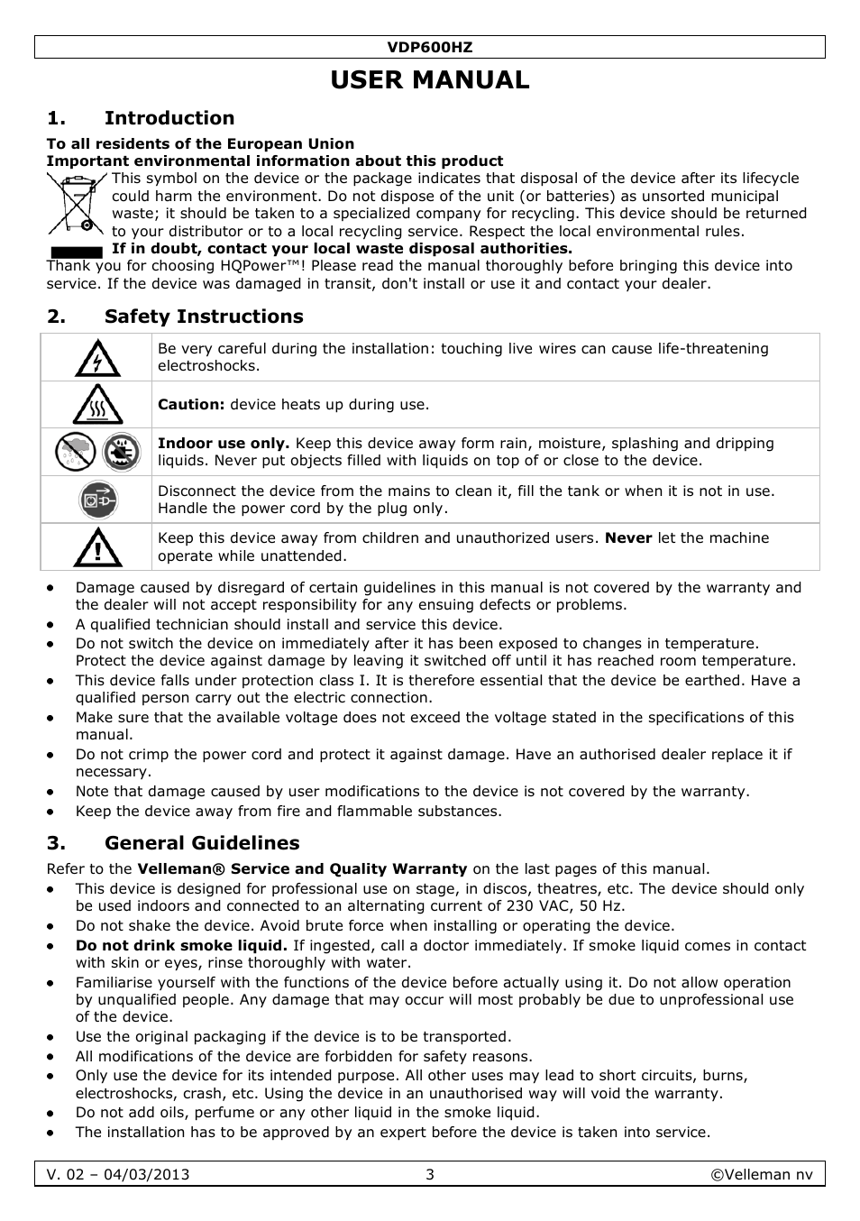 User manual, Introduction, Safety instructions | General guidelines | Velleman VDP600HZ User Manual | Page 3 / 26