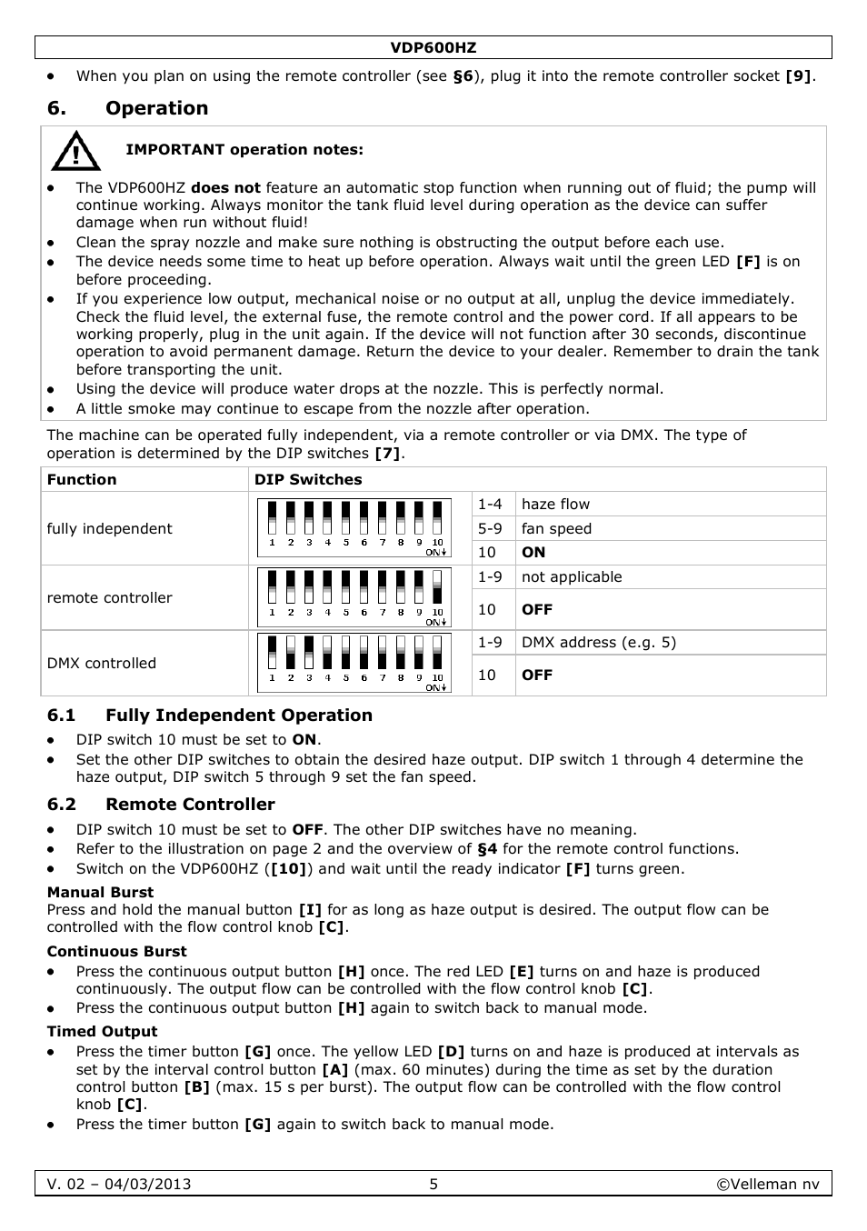 Operation, 1 fully independent operation, 2 remote controller | Manual burst, Continuous burst, Timed output | Velleman VDP600HZ User Manual | Page 5 / 26